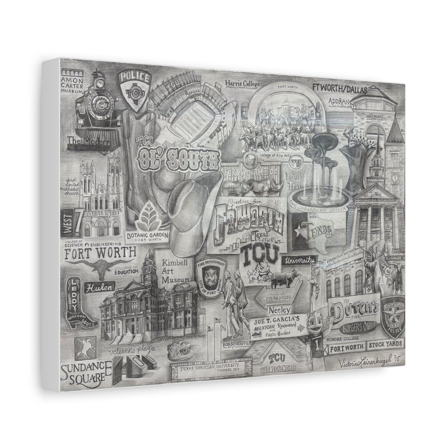 TCU & Fort Worth Western Art Print – Texas Canvas Reproduction of Hand-Drawn Collage, Local Landmark Wall Art, Home Gallery Piece, Gift for Texas Lovers