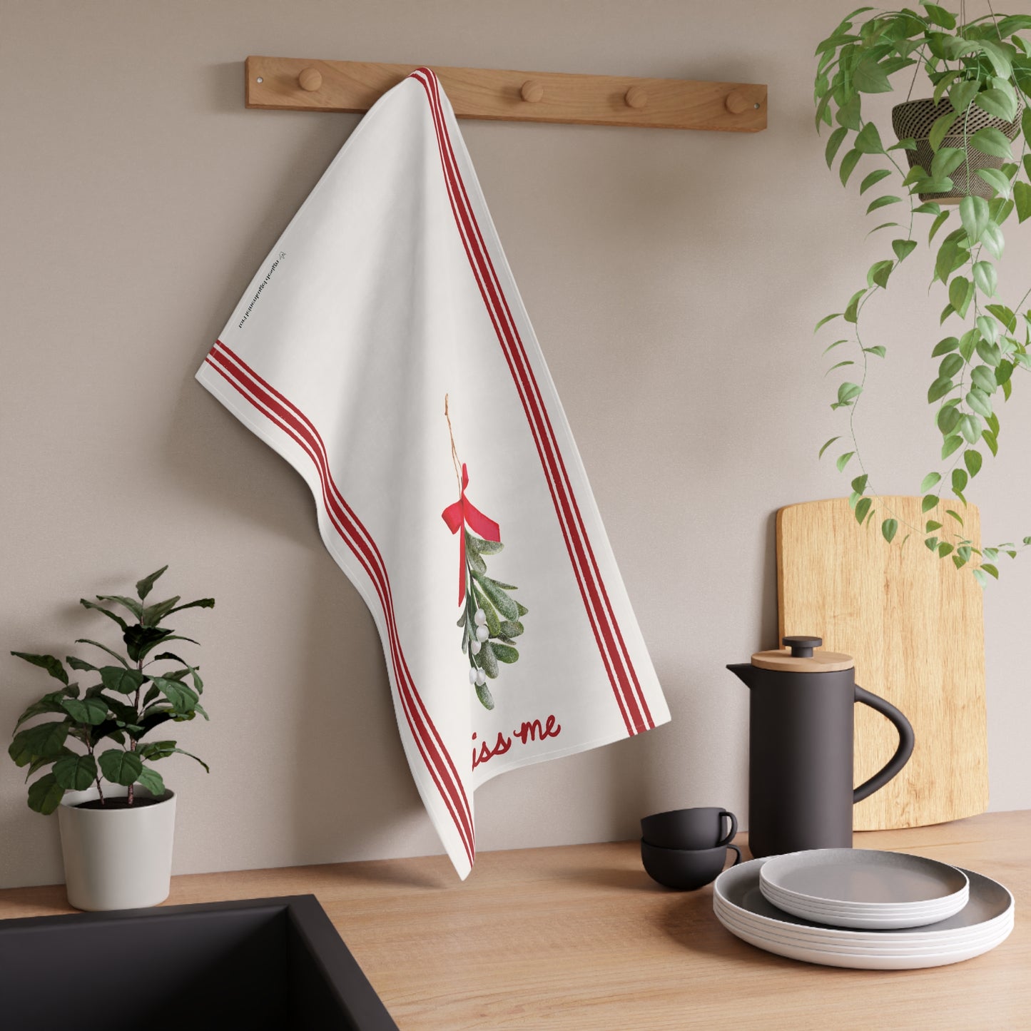 Kiss Me-Mistletoe Print Cotton Tea Towel