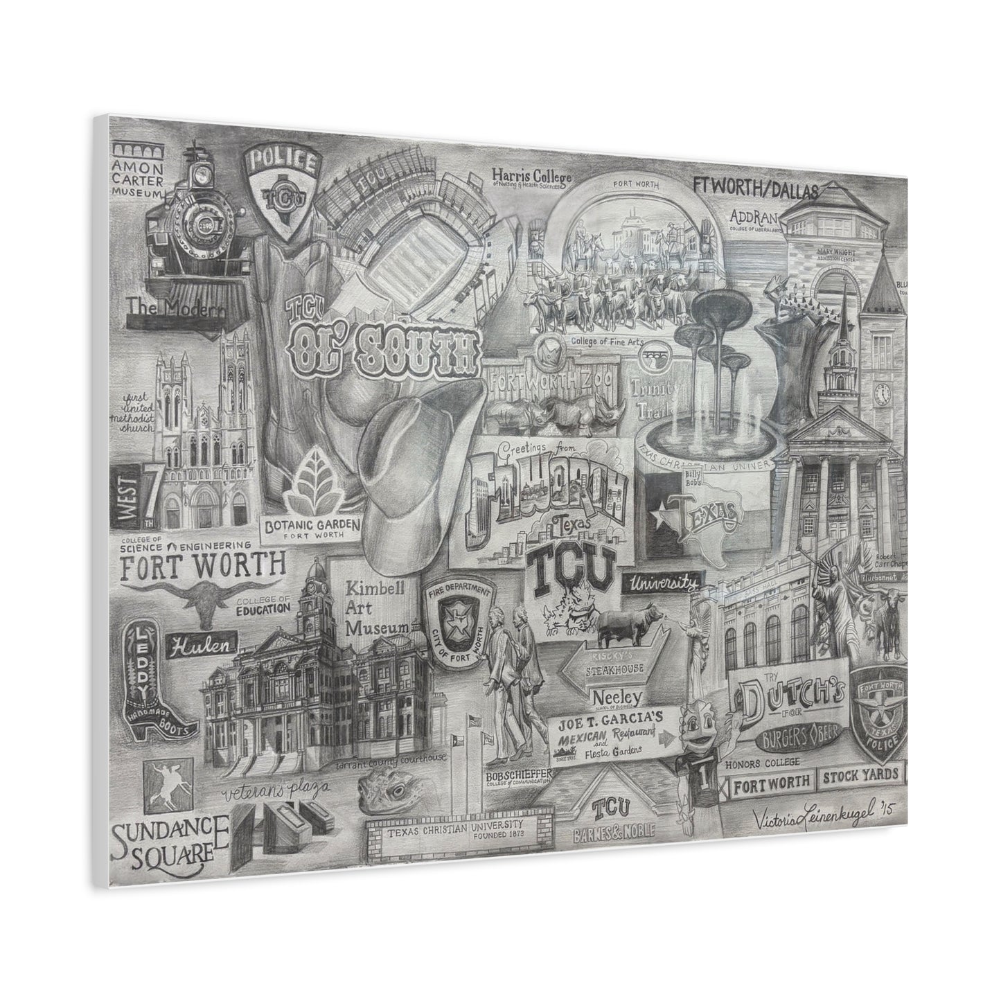 TCU & Fort Worth Western Art Print – Texas Canvas Reproduction of Hand-Drawn Collage, Local Landmark Wall Art, Home Gallery Piece, Gift for Texas Lovers
