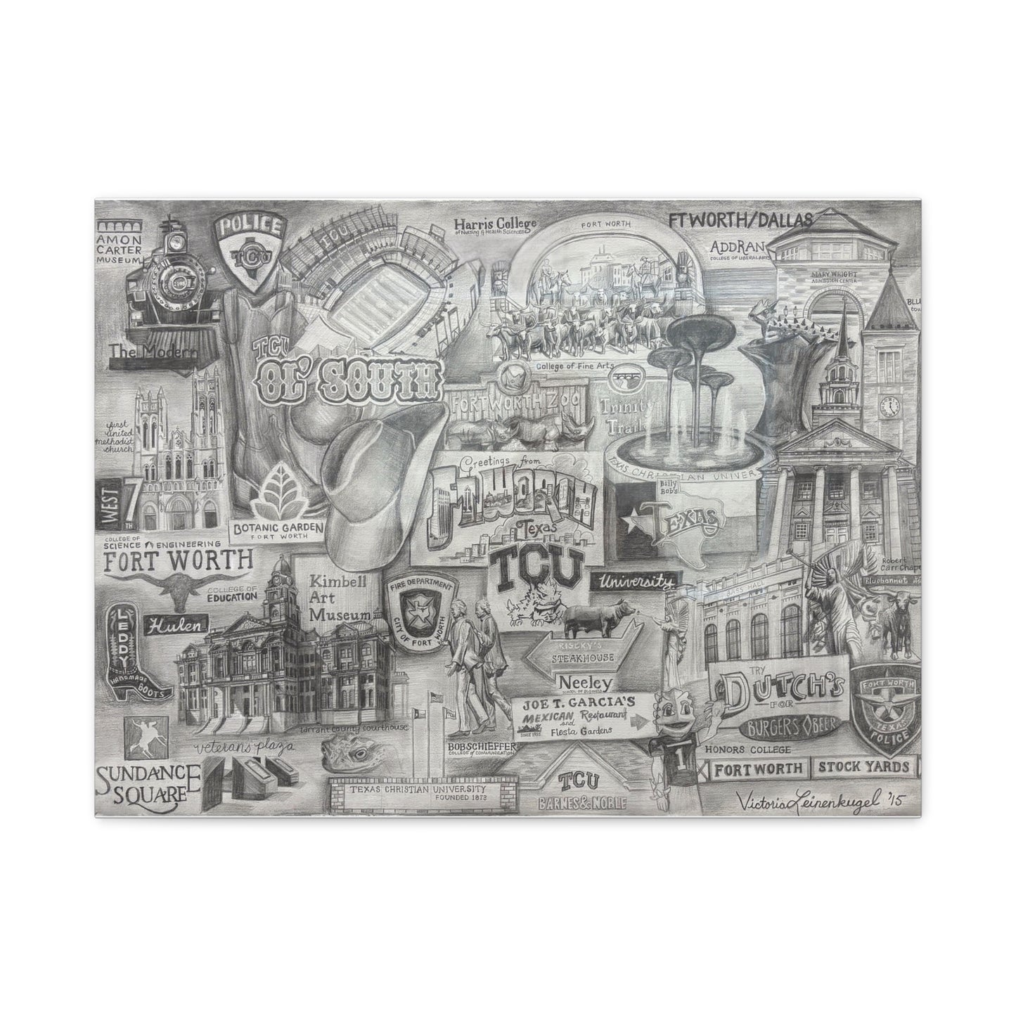 TCU & Fort Worth Western Art Print – Texas Canvas Reproduction of Hand-Drawn Collage, Local Landmark Wall Art, Home Gallery Piece, Gift for Texas Lovers