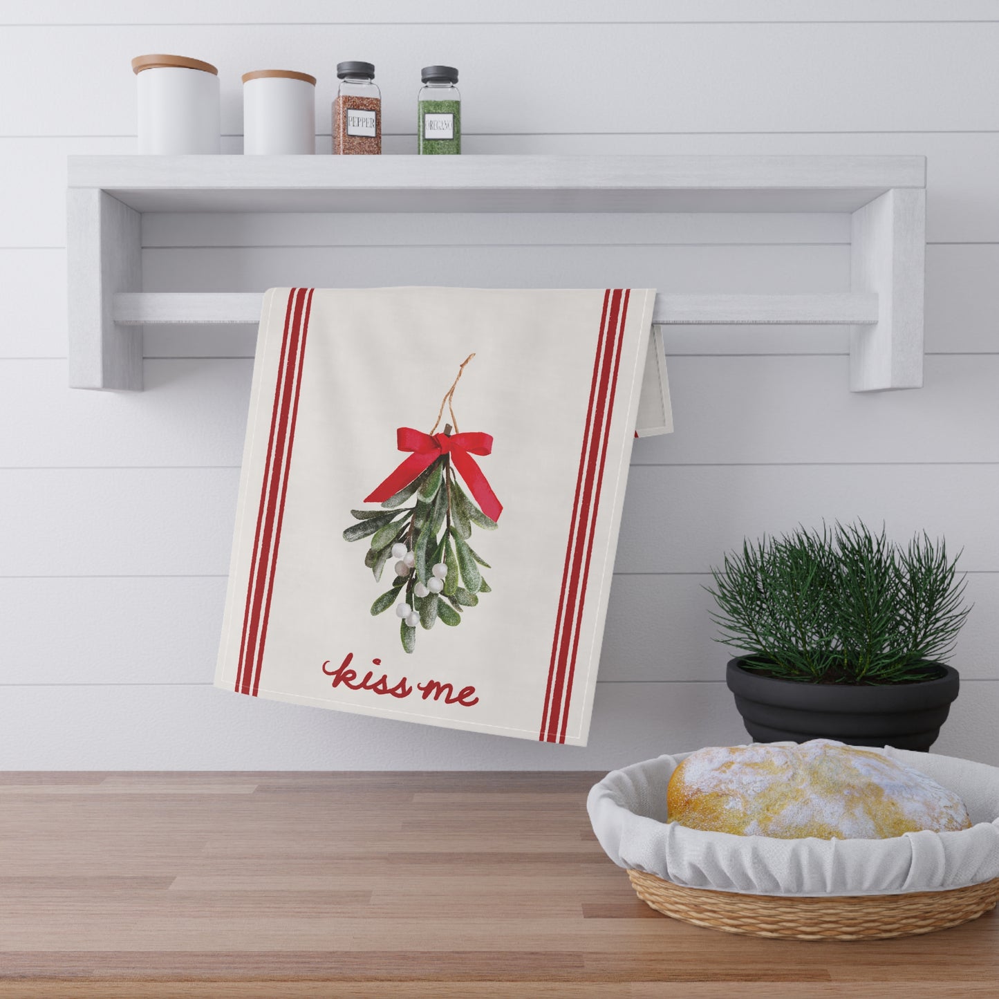 Kiss Me-Mistletoe Print Cotton Tea Towel