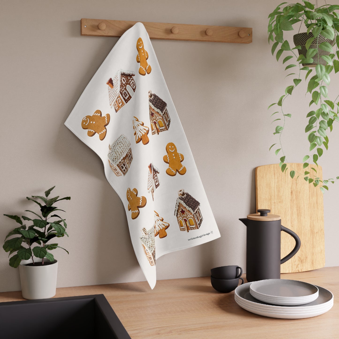 Gingerbread House & Cookies Print Cotton Tea Towel