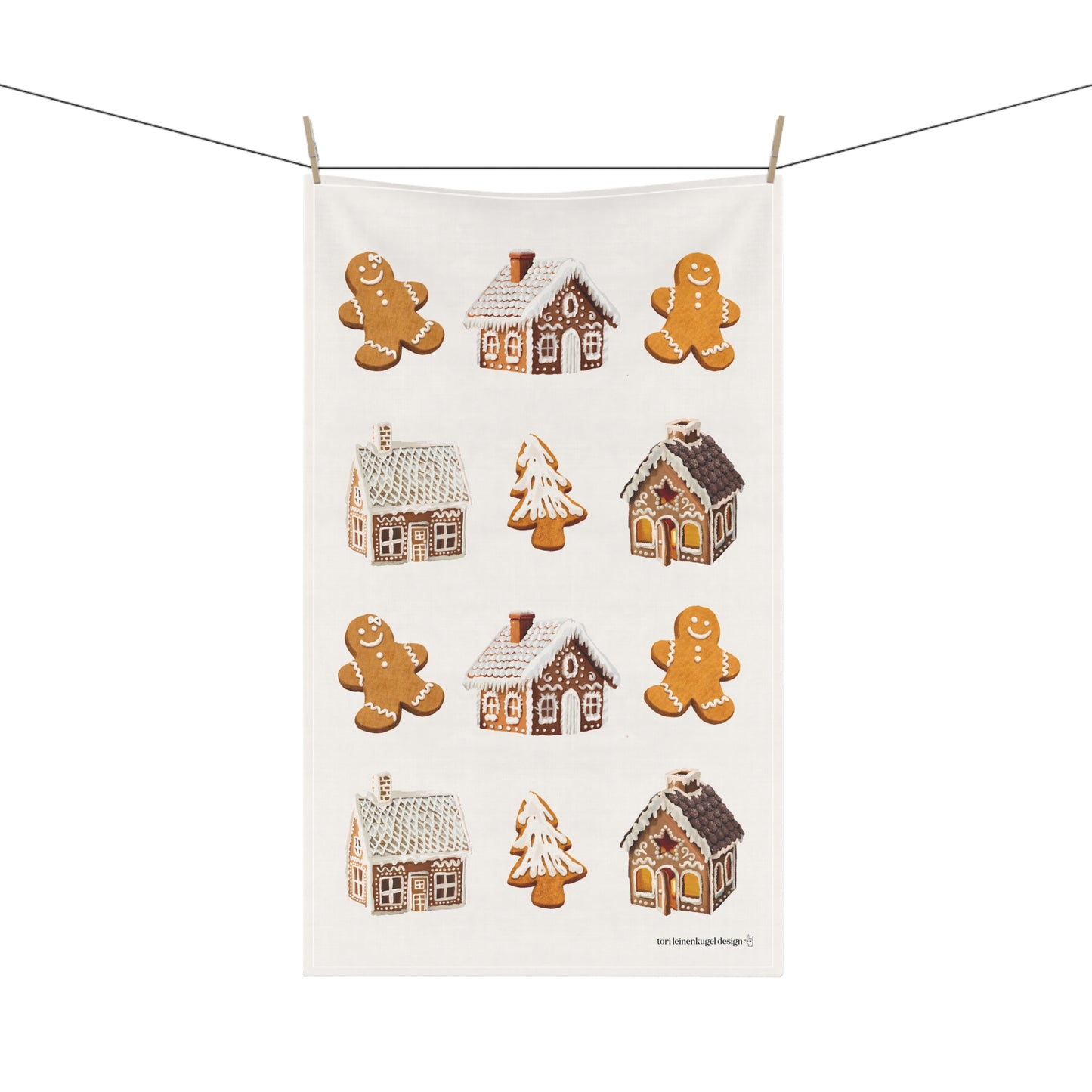 Gingerbread House & Cookies Print Cotton Tea Towel