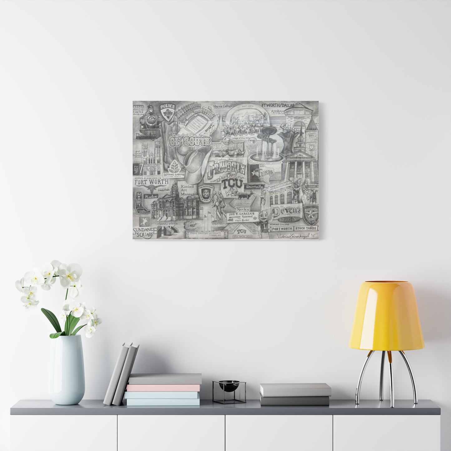 TCU & Fort Worth Western Art Print – Texas Canvas Reproduction of Hand-Drawn Collage, Local Landmark Wall Art, Home Gallery Piece, Gift for Texas Lovers
