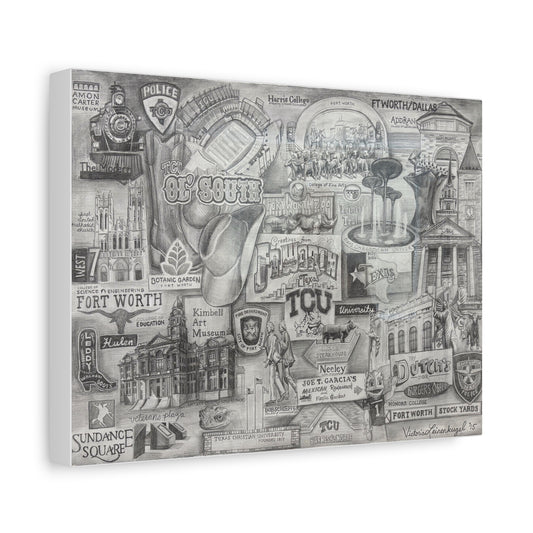 TCU & Fort Worth Western Art Print – Texas Canvas Reproduction of Hand-Drawn Collage, Local Landmark Wall Art, Home Gallery Piece, Gift for Texas Lovers