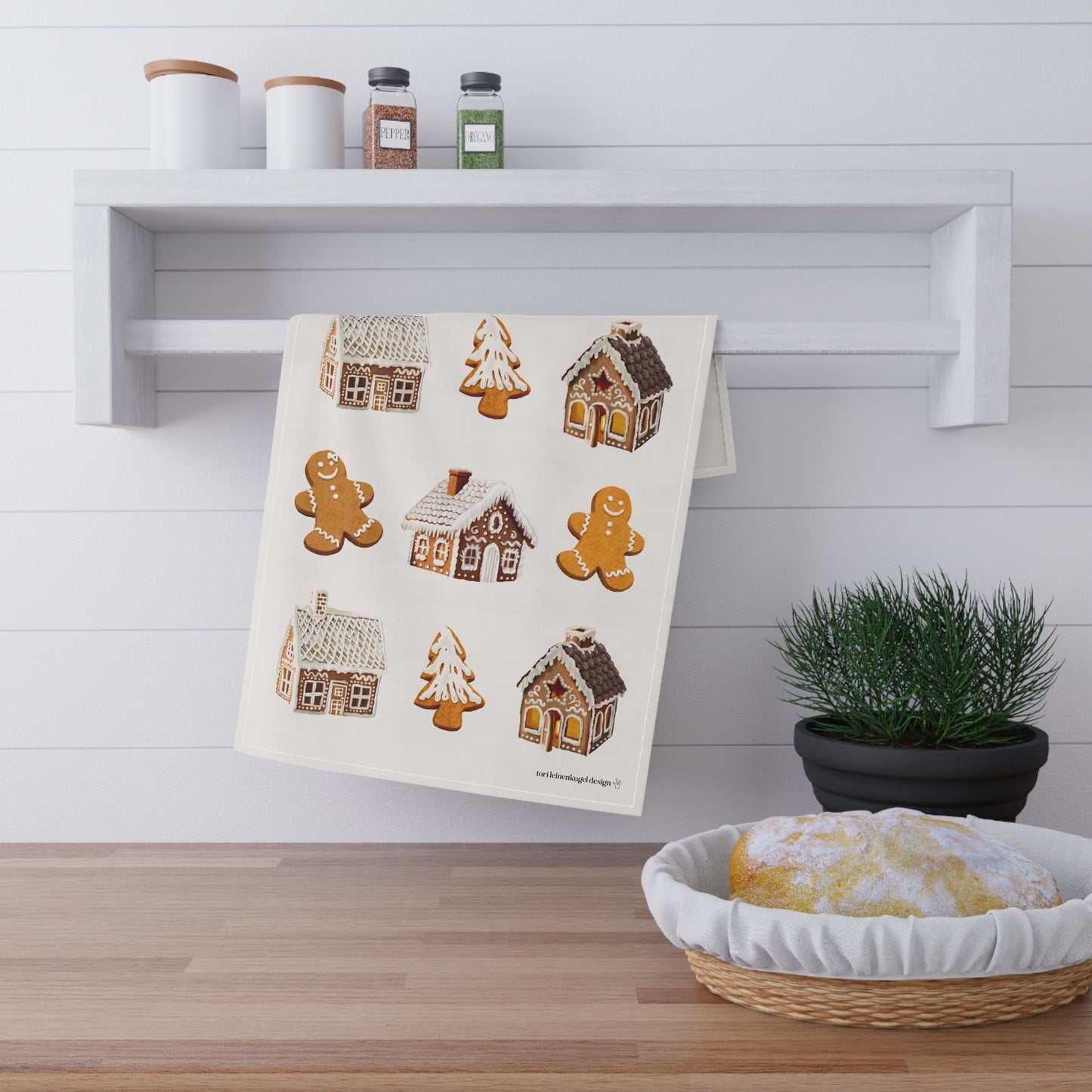 Gingerbread House & Cookies Print Cotton Tea Towel